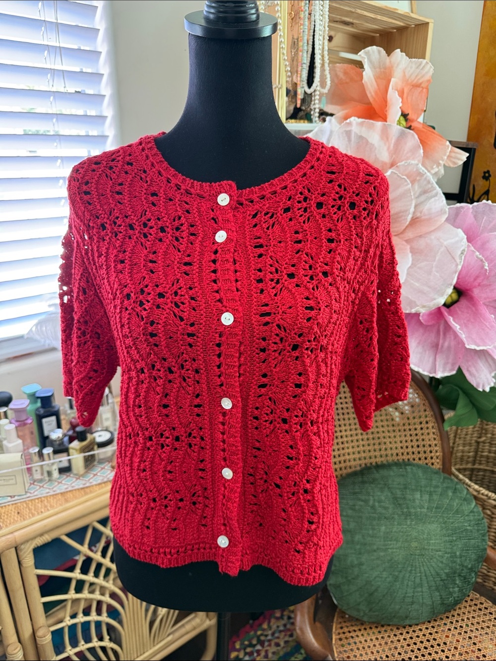 Zara Red Crochet Knit Short Sleeve Button Up Cardigan Sweater